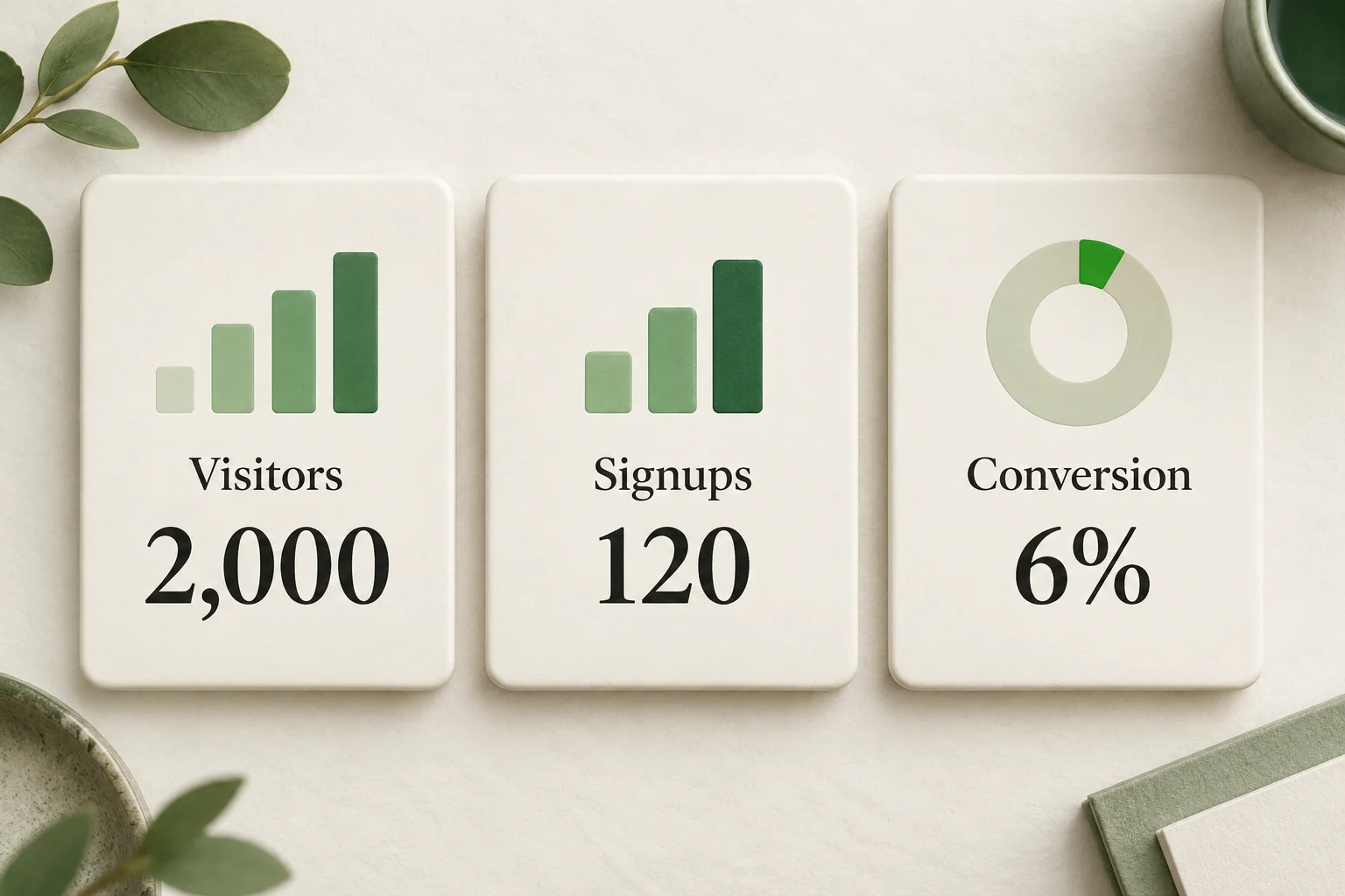 Illustrative aggregate report showing 2,000 visitors, 120 signups, and a 6% conversion rate.
