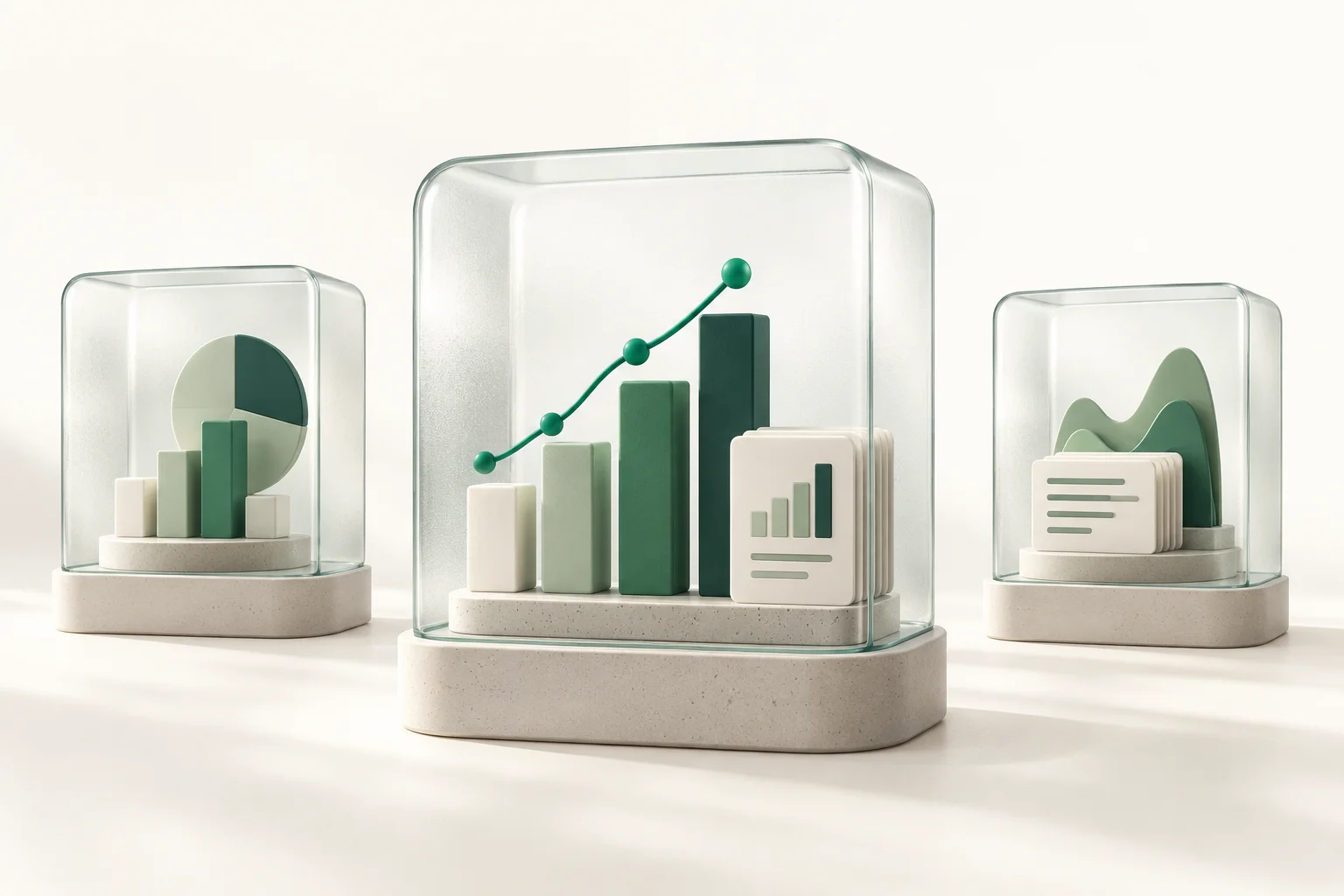 Three separate glass cases containing green analytics charts, illustrating the separation of company data.