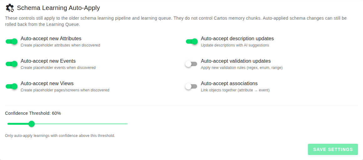 Schema learning auto-apply controls in AI Tuning