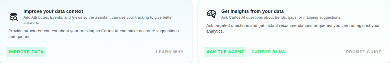 Company dashboard actions for improving context and asking Cartos questions