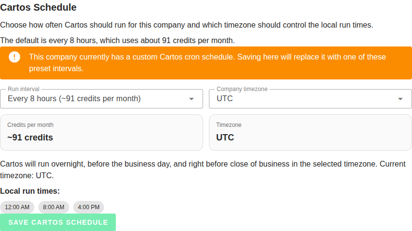 Cartos schedule section in Company Settings